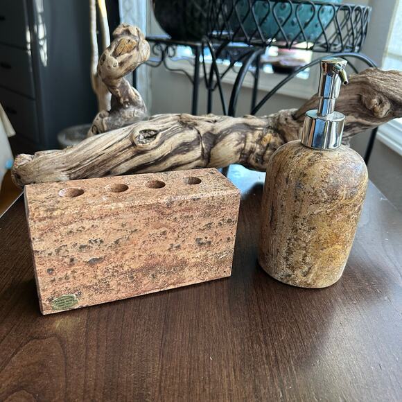 WATERSTONE Travertine Marble Stone Bathroom Set Soap Dispenser toothbrush holder - Picture 1 of 16